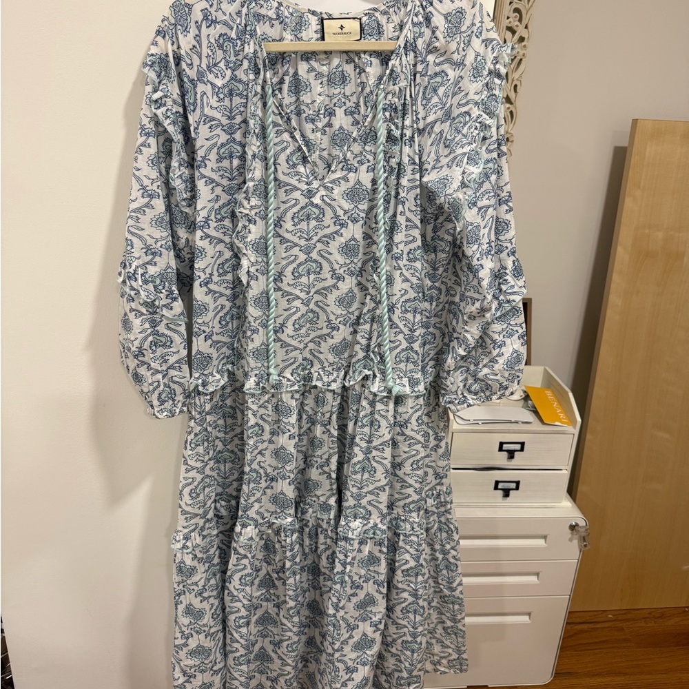 Tuckernuck Blue and White Smocked Sundress with Bishop Sleeves